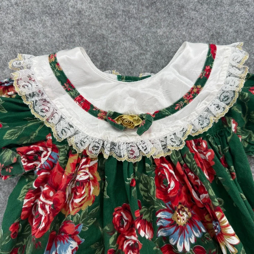 Jo Lene Floral Rose Dress Kids Size 2T Green Red Lace Trim Vintage Style USA